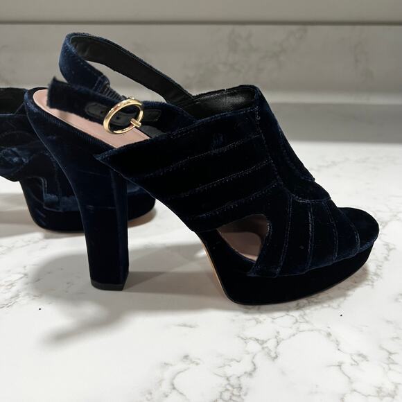 New Diane Von Furstenburg Tabby Velvet Platform Slingback Sandals Navy Sz 8.5 - Picture 5 of 9